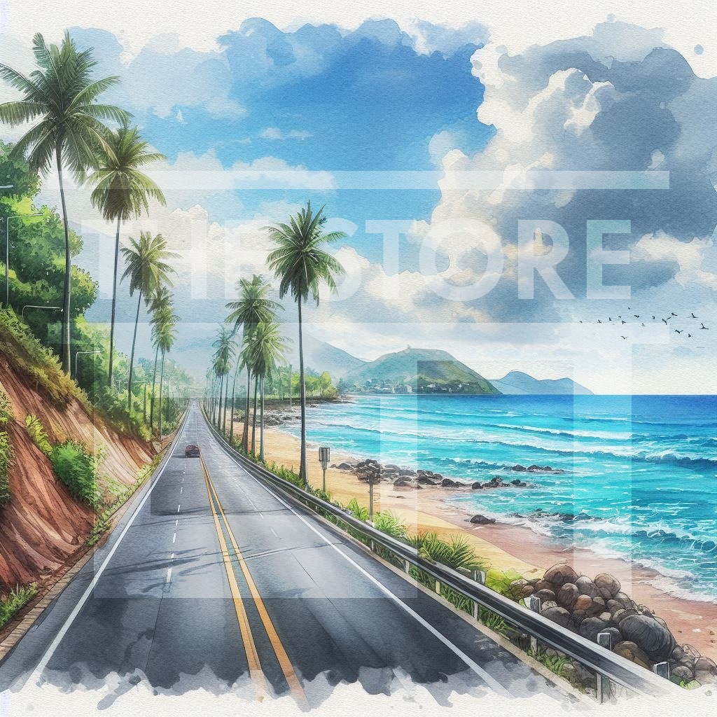 【イラスト素材】海沿いの道路