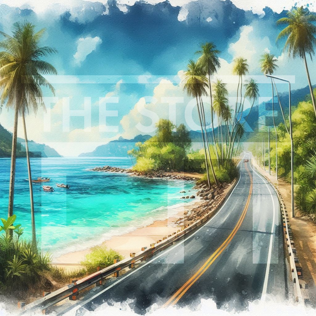 【イラスト素材】海沿いの道路