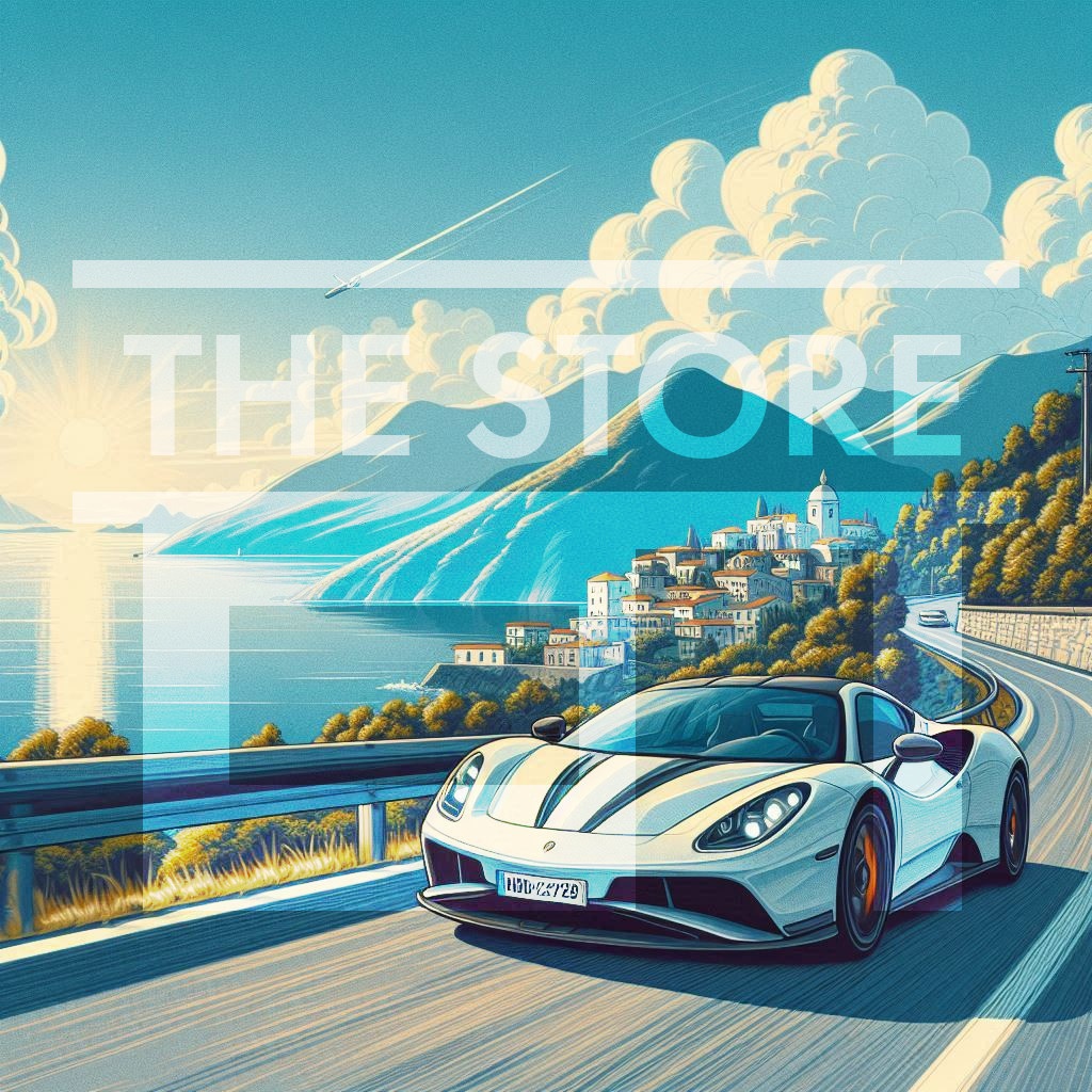 【イラスト素材】海沿いの道路を走る車