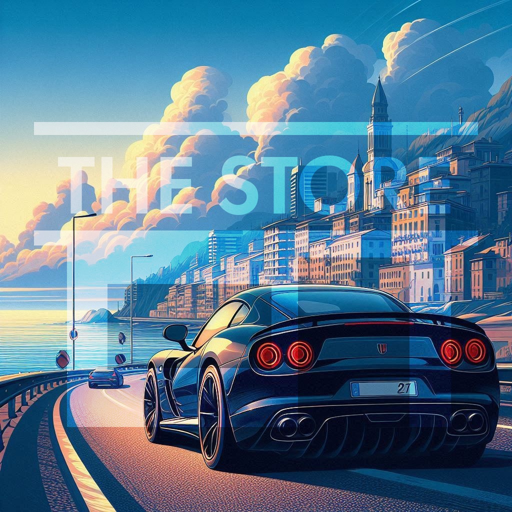 【イラスト素材】海沿いの道路を走る車