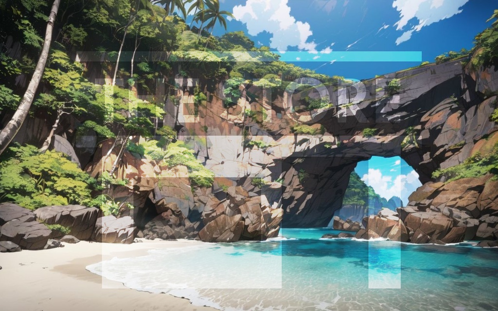 【イラスト素材】岩のアーチがある浜辺