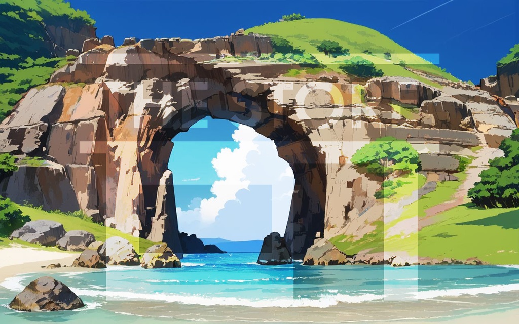 【イラスト素材】岩のアーチがある浜辺2