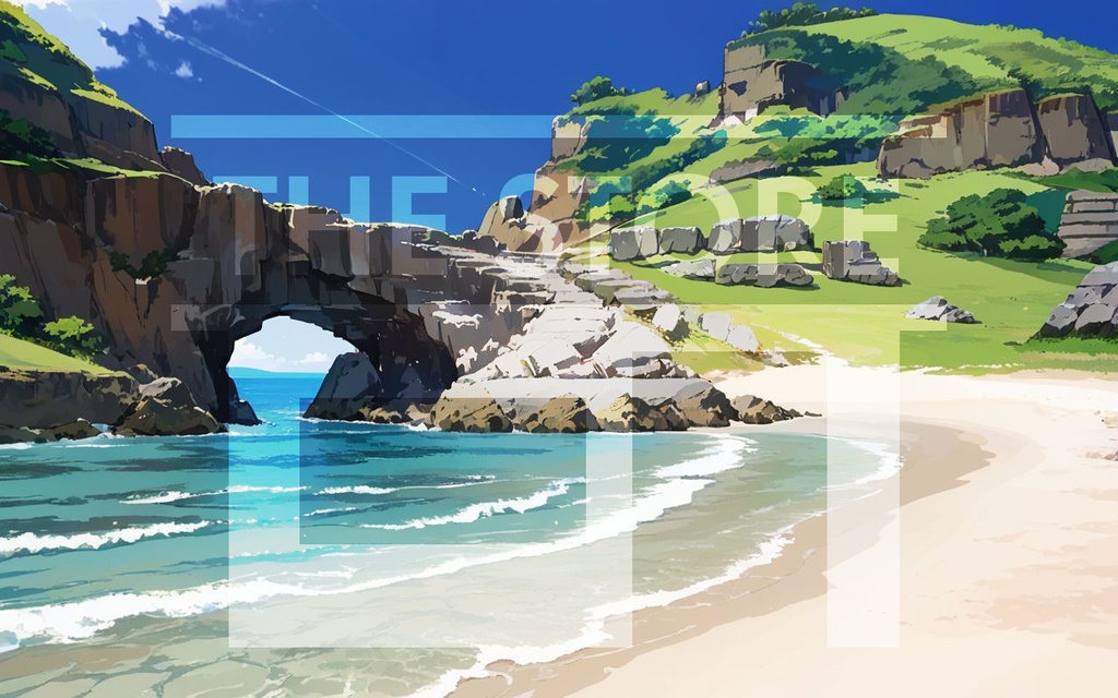 【イラスト素材】岩のアーチがある浜辺2