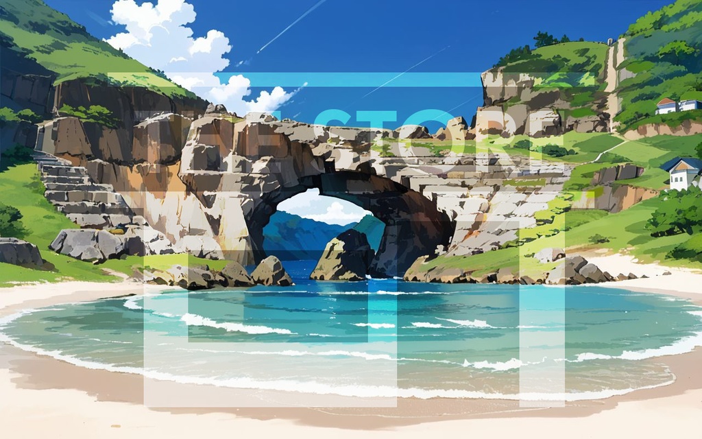 【イラスト素材】岩のアーチがある浜辺2