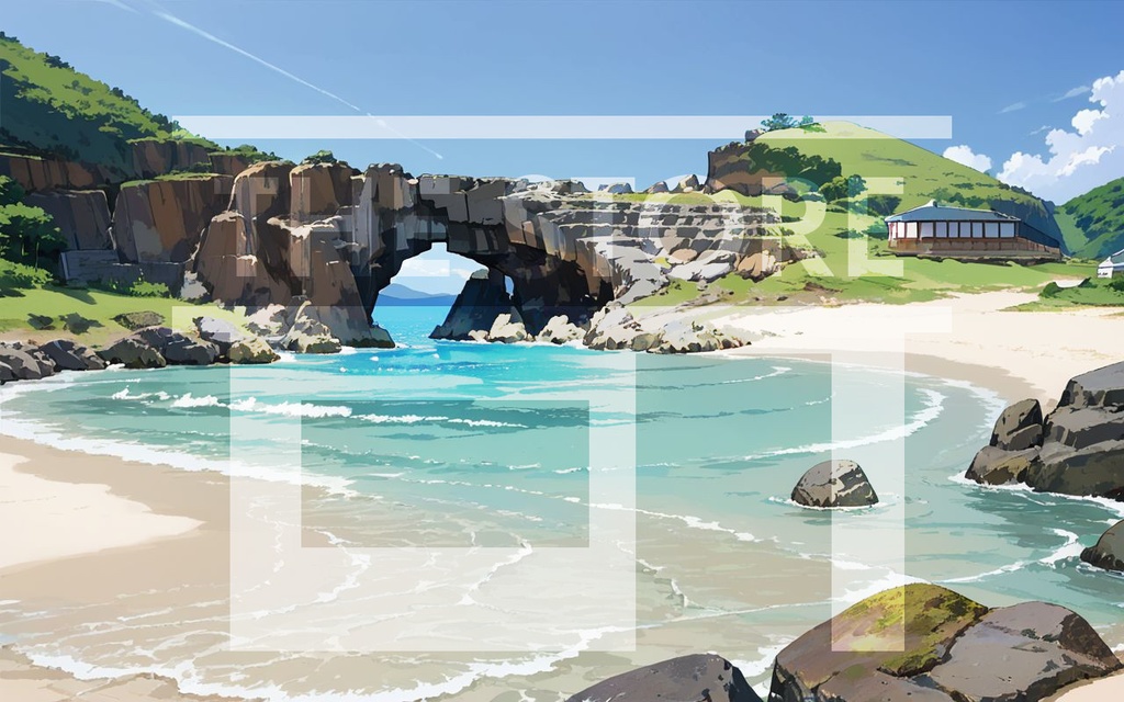 【イラスト素材】岩のアーチがある浜辺2