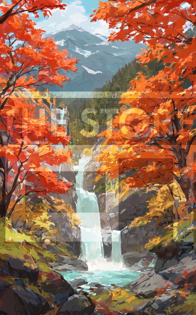 【イラスト素材】紅葉と滝