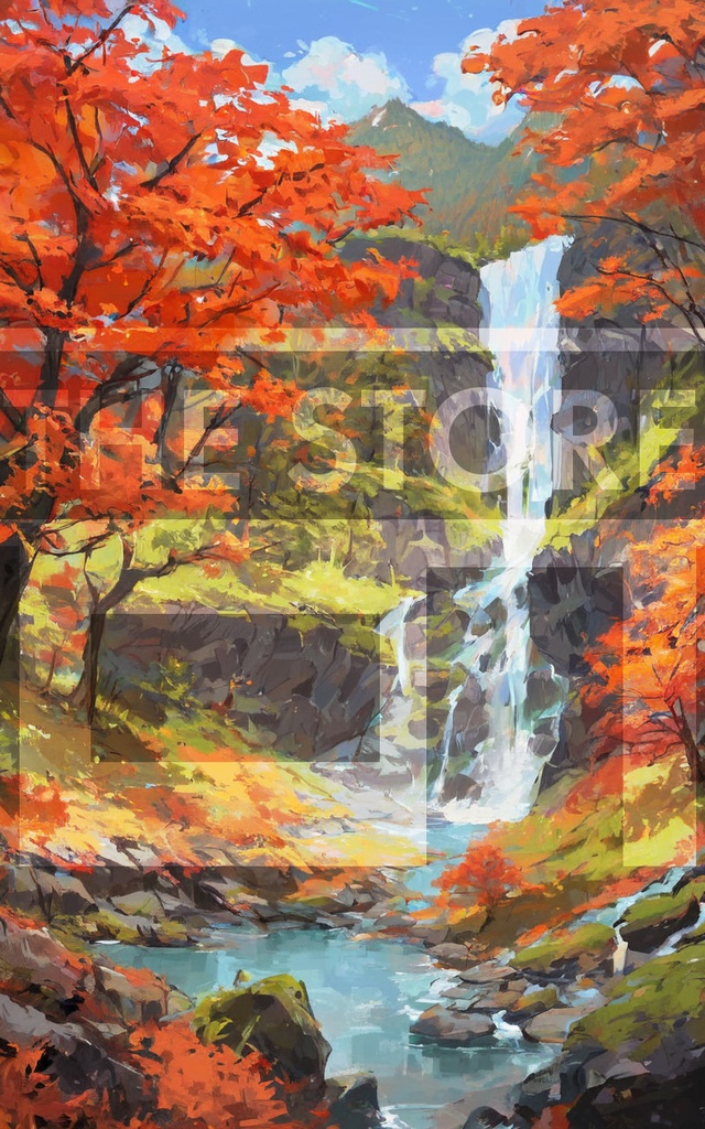 【イラスト素材】紅葉と滝