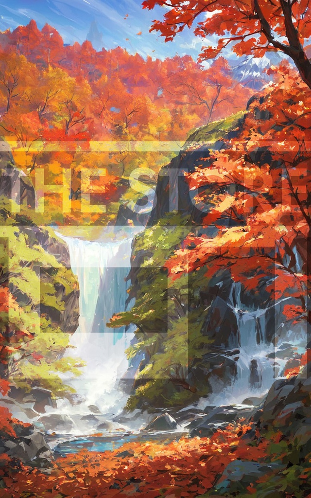 【イラスト素材】紅葉と滝