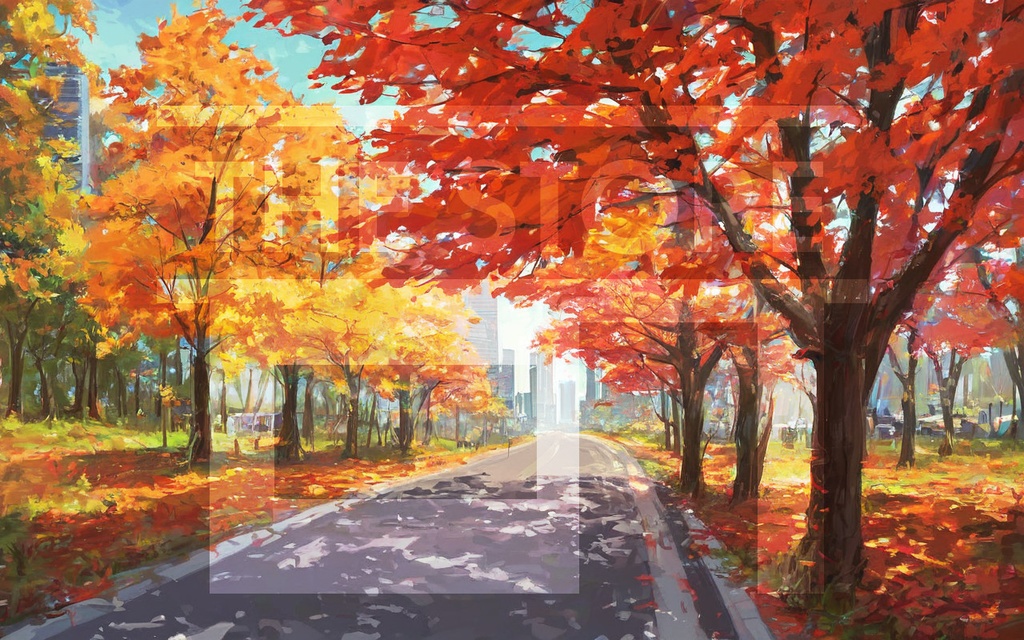 【イラスト素材】紅葉と道