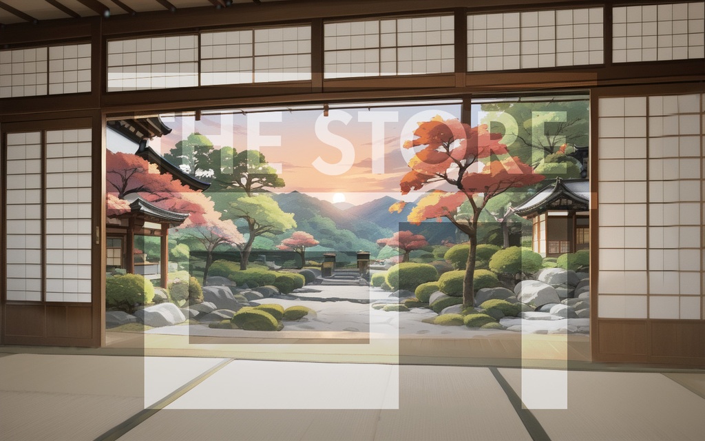 【イラスト素材】縁側と日本庭園