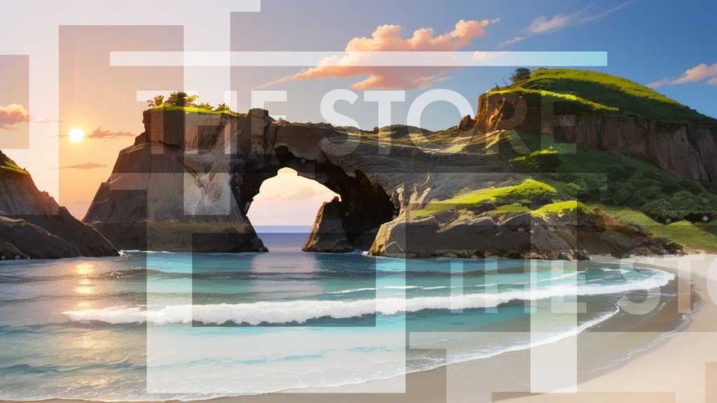 【イラスト素材】岩のアーチがある浜辺3