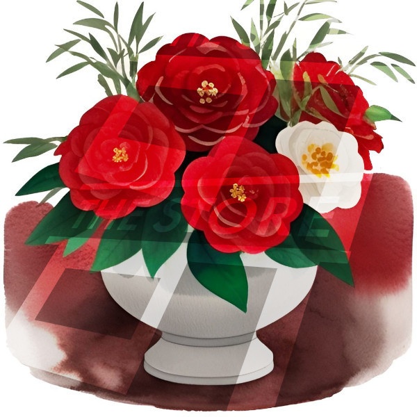 【イラスト素材】紅白のつばきの花瓶