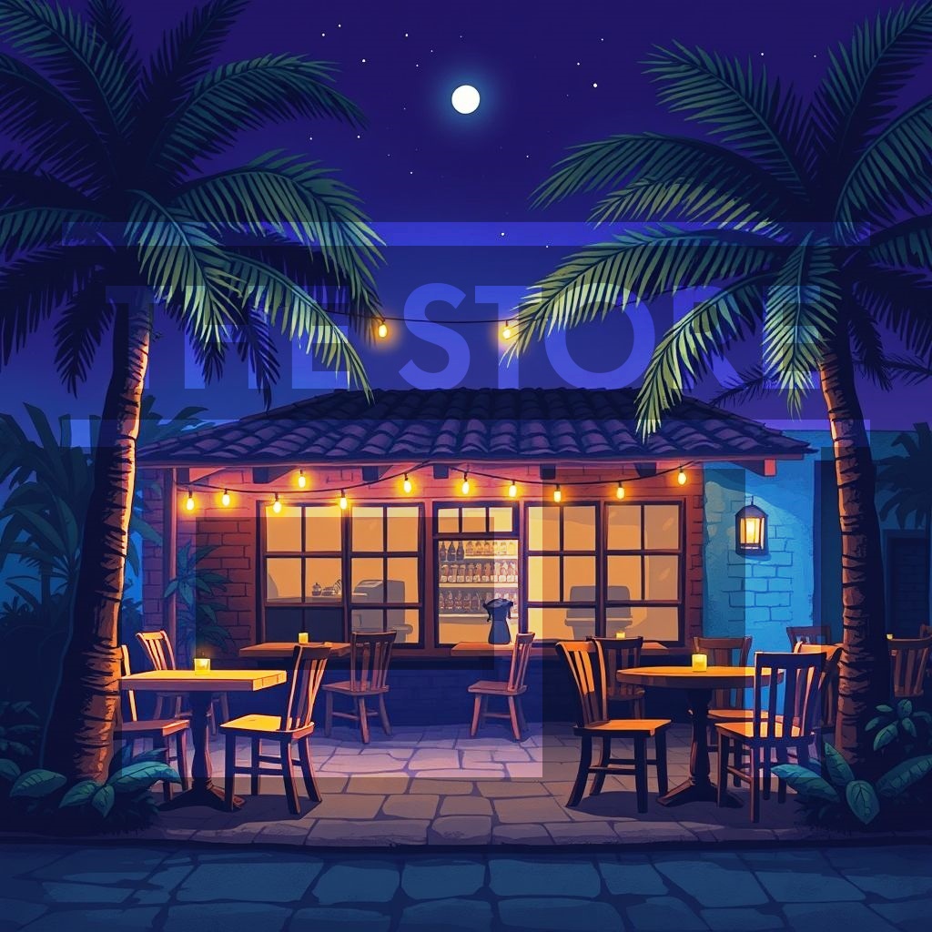 【イラスト素材】夜のカフェ1