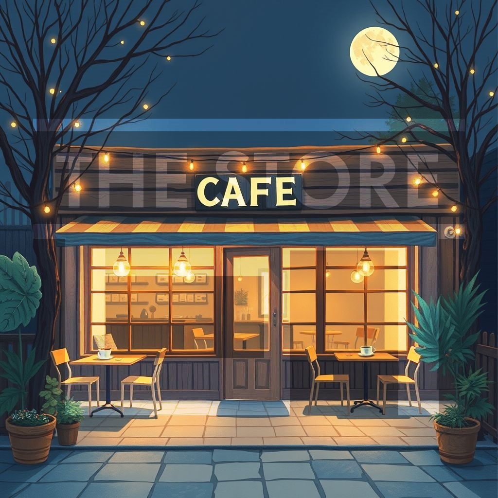 【イラスト素材】夜のカフェ1