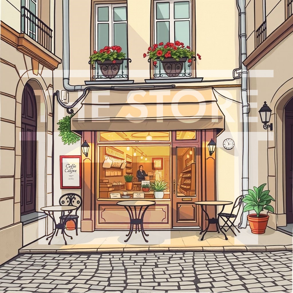 【イラスト素材】古いストリートカフェ