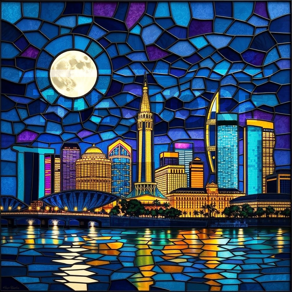 【イラスト素材】ステンドグラス風世界の街