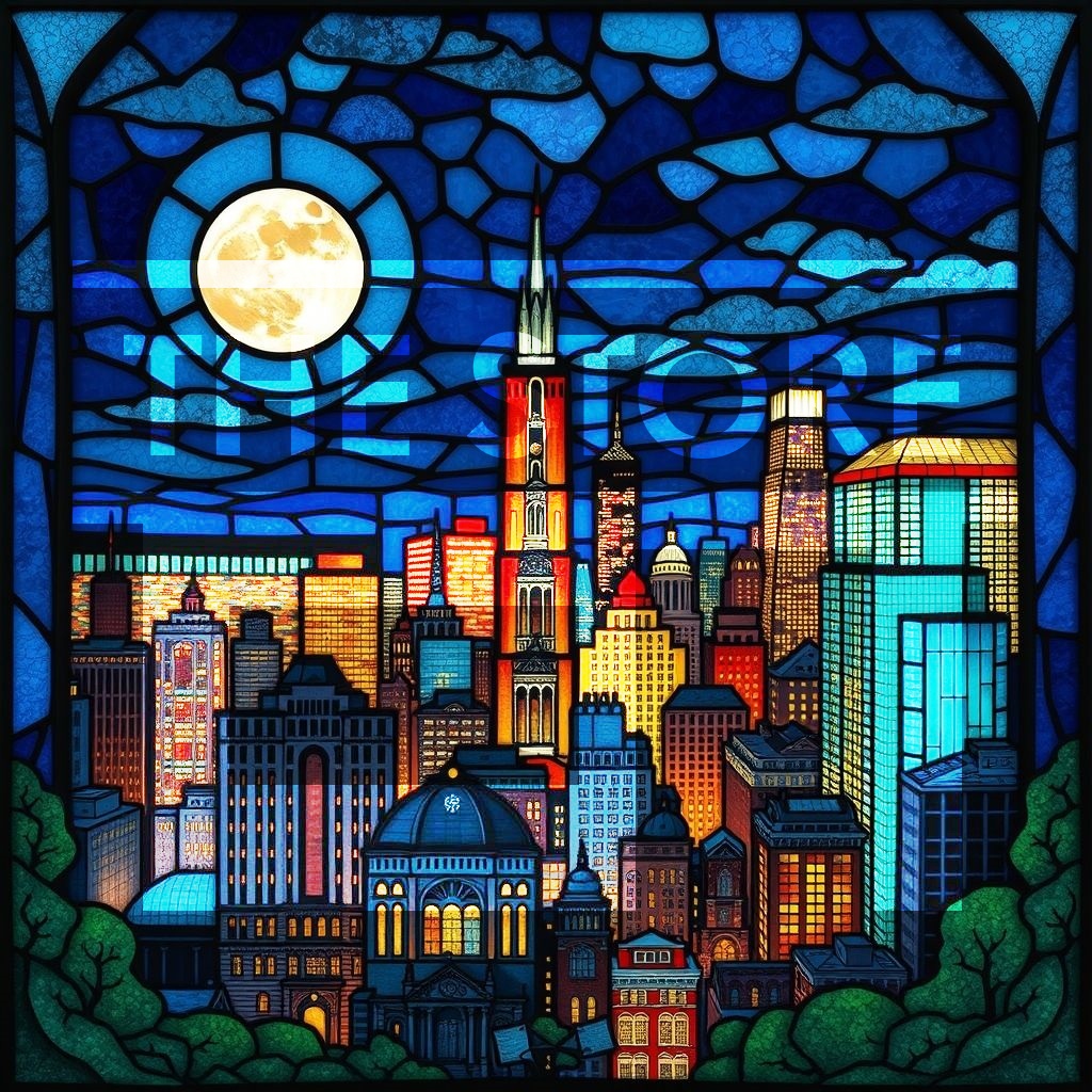 【イラスト素材】ステンドグラス風世界の街