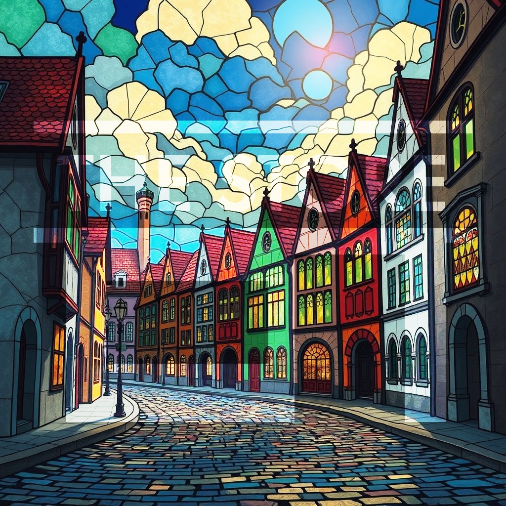 【イラスト素材】ステンドグラス風世界の街