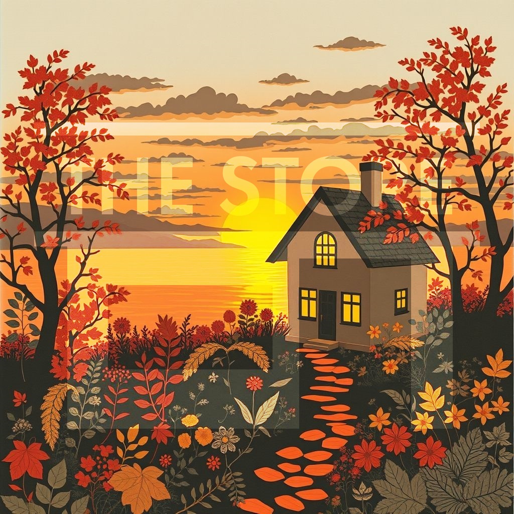 【イラスト素材】小さな家と四季の庭