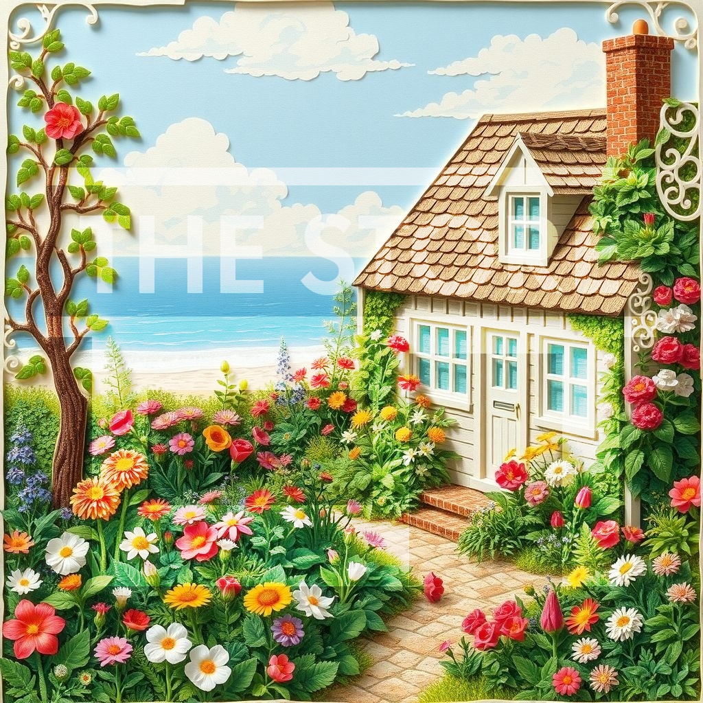 【イラスト素材】小さな家と四季の庭