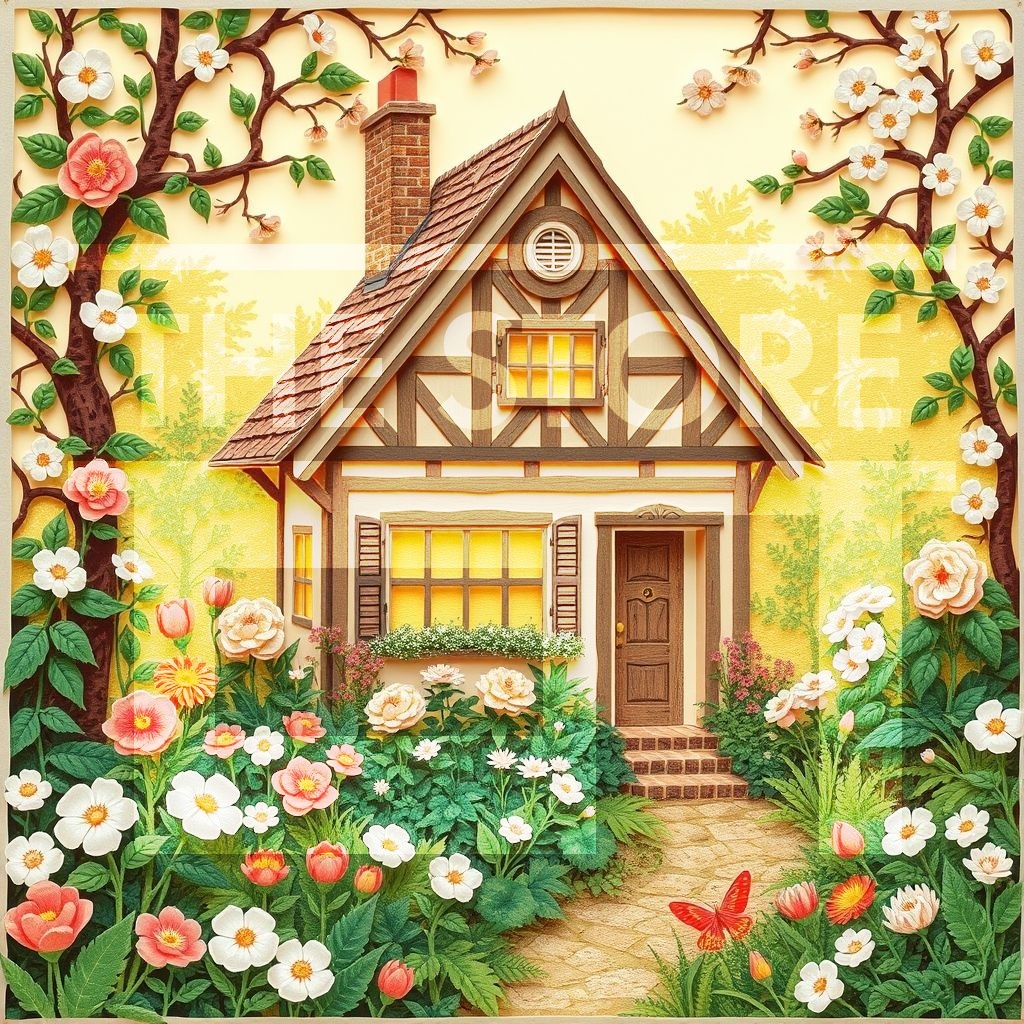 【イラスト素材】小さな家と四季の庭