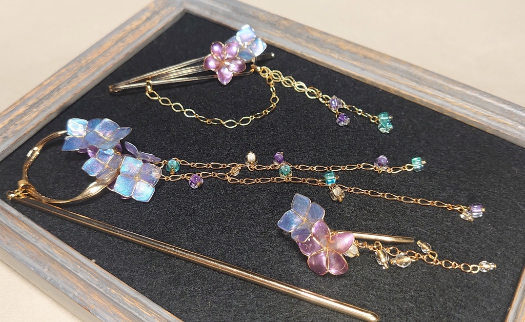 あじさいとすみれの髪飾り