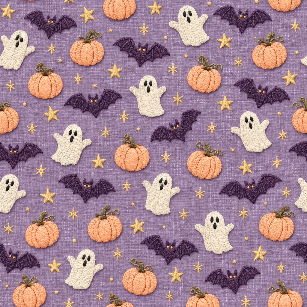 ハロウィン デジタルペーパー 3枚セット|かわいいおばけ・かぼちゃ・コウモリ・星柄|刺繍風・布風テクスチャ|色違い PNG画像素材|秋のコラージュ・スクラップブッキング・手帳デコ・ペーパークラフト用|ダウンロード素材