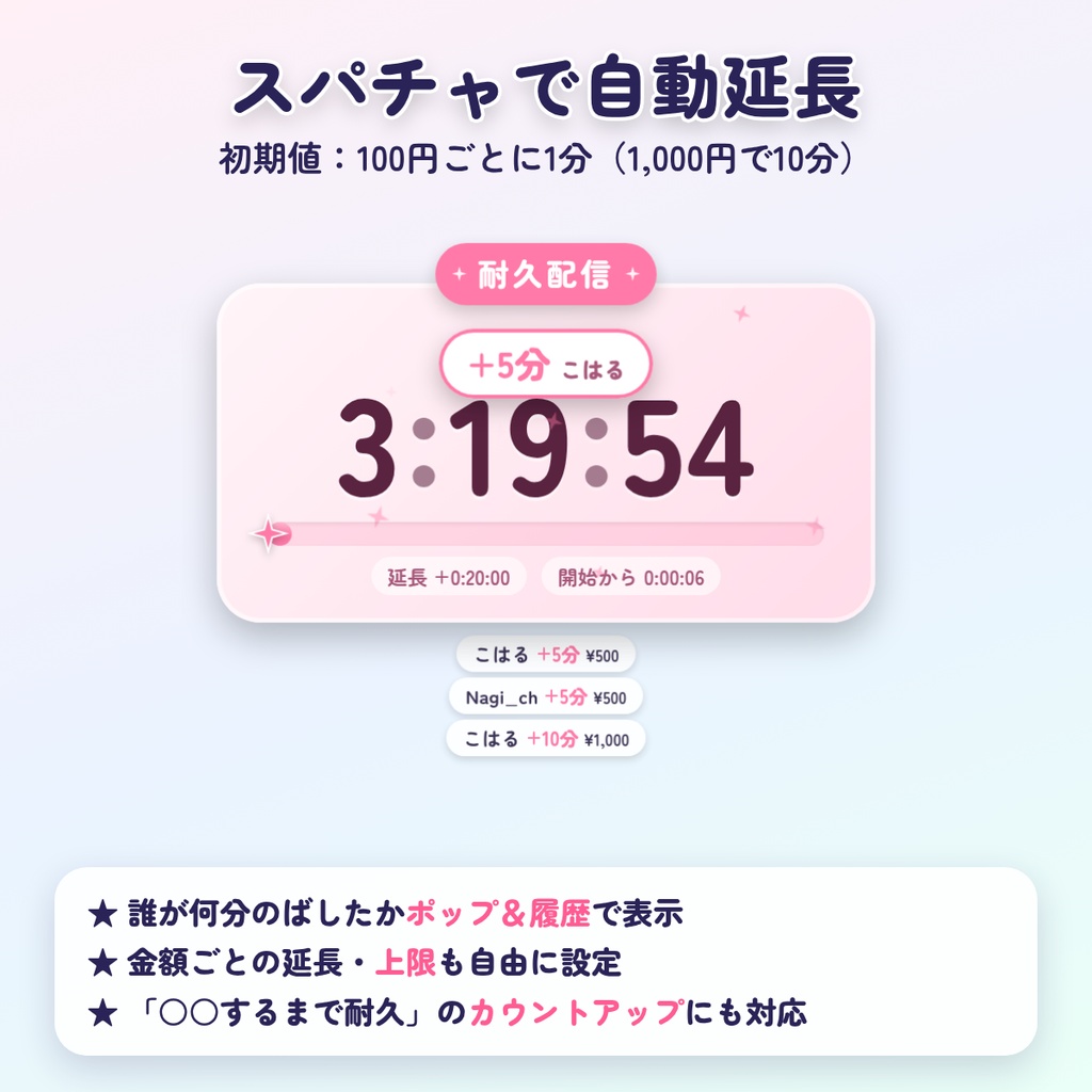 ほしあかり 耐久配信タイマー|スパチャで時間がのびる わんコメ対応 延長耐久タイマー|OBS 背景透過 配信素材 VTuber
