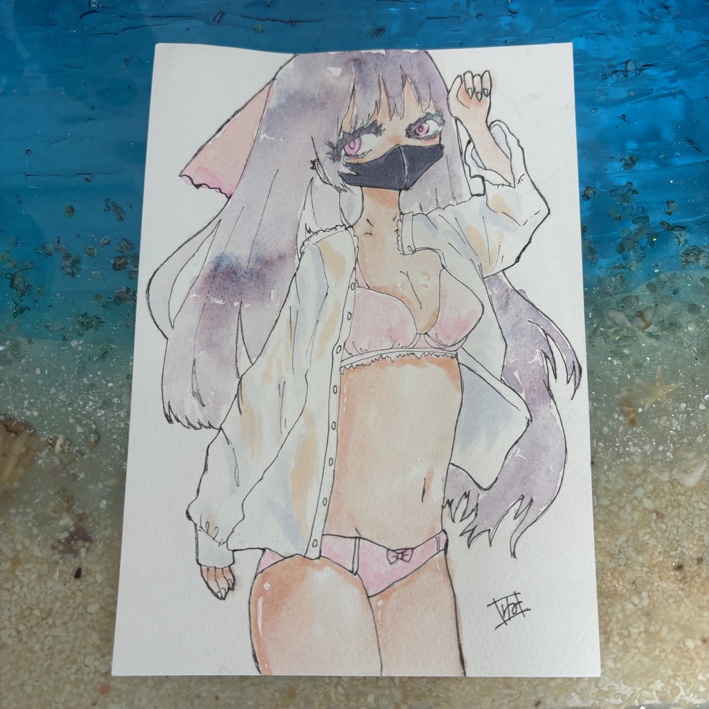 オリジナル手描き原画イラスト 一点物 黒マスク