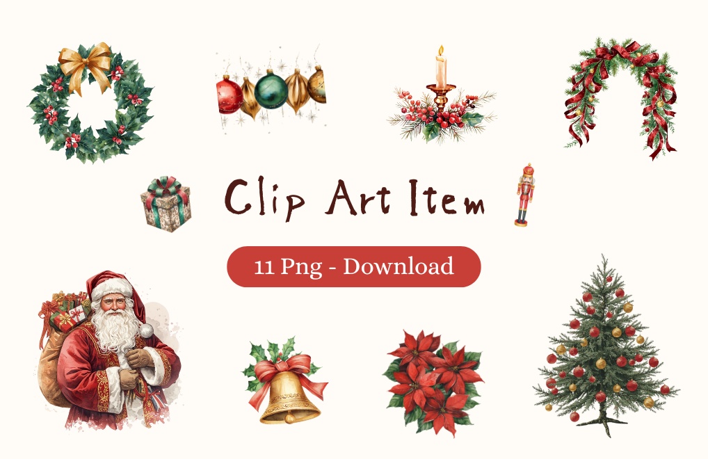 アンティーク×水彩 クリスマスクリップアートセット(全11種類/PNG)