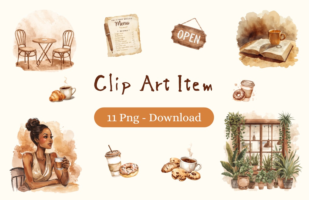 ブラウンアンティーク・カフェシリーズ 水彩画クリップアート 全11種