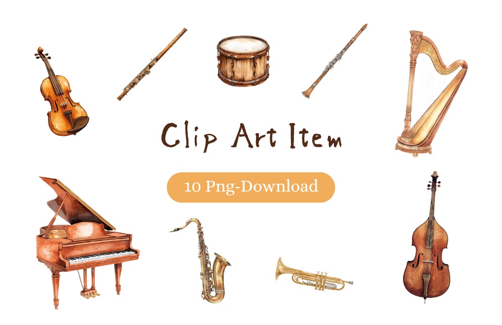 アンティーク調の可愛い楽器シリーズ・水彩クリップアート10点セット｜PNG背景透過