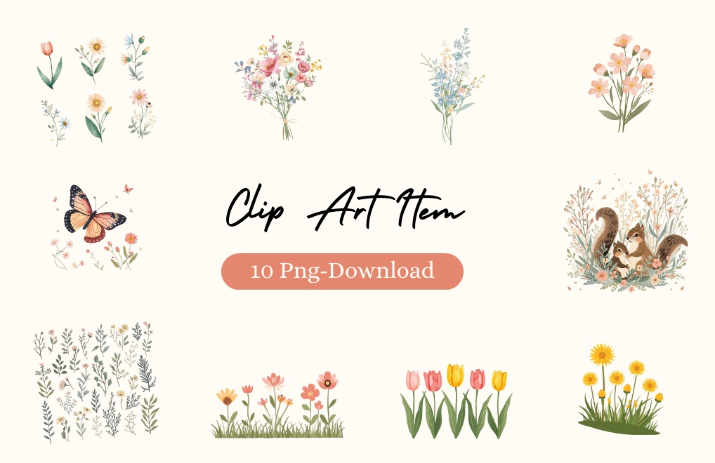 春イメージの可愛い植物と小動物のクリップアート　10点セット　PNG背景透過