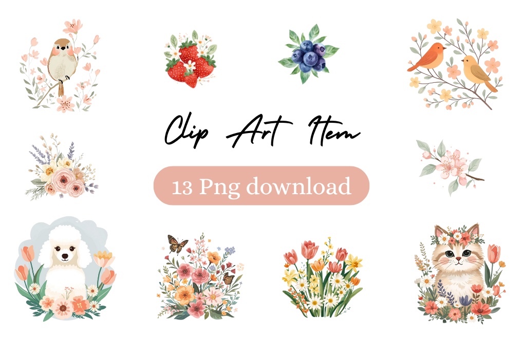 春イメージの可愛い植物と動物のクリップアート　13点セット　PNG背景透過