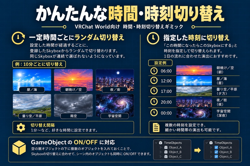 かんたんな時間・時刻切り替え【Skybox6種付き/オブジェクトON・OFF対応】