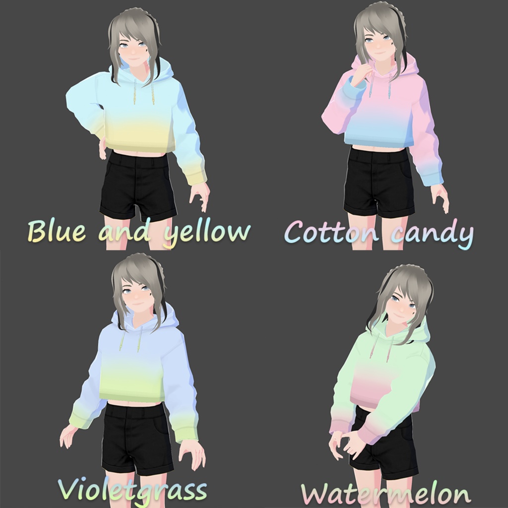 [VRoid] Ombre cropped hoodie texture | Blue and yellow\Pastel cotton candy\Violetgrass\Watermelon  