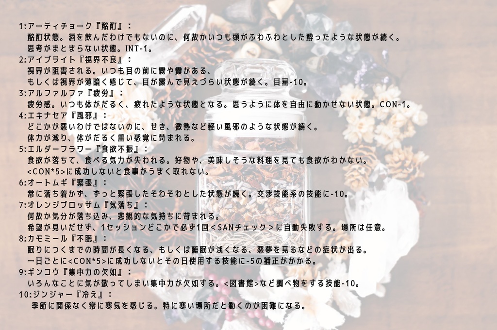 【CoCオリジナル狂気表】ハーブ不定表