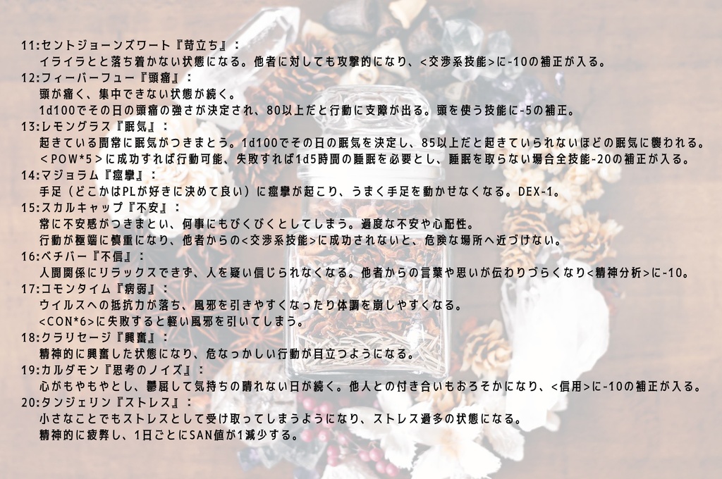 【CoCオリジナル狂気表】ハーブ不定表