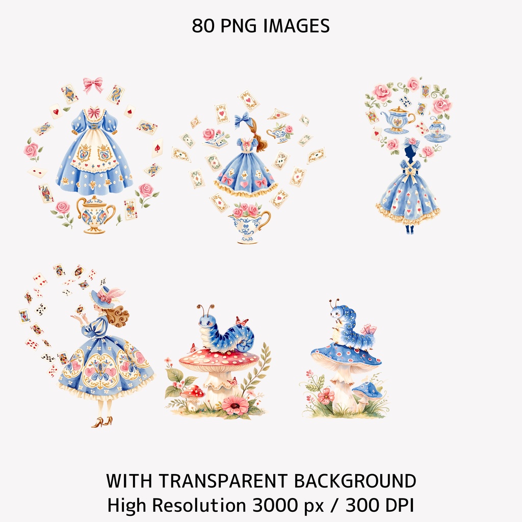 アリスと時計の水彩イラスト|不思議の国風クリップアート