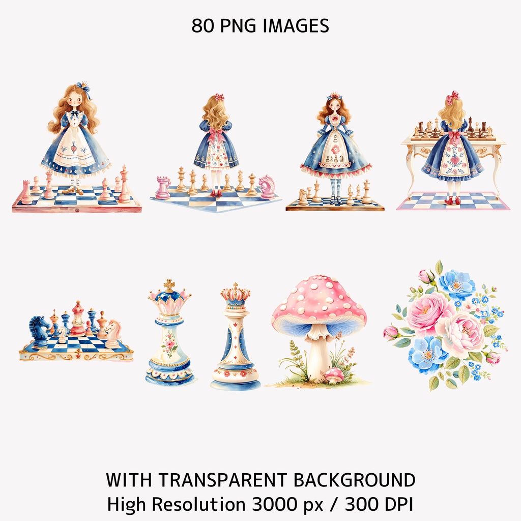 アリスと時計の水彩イラスト|不思議の国風クリップアート