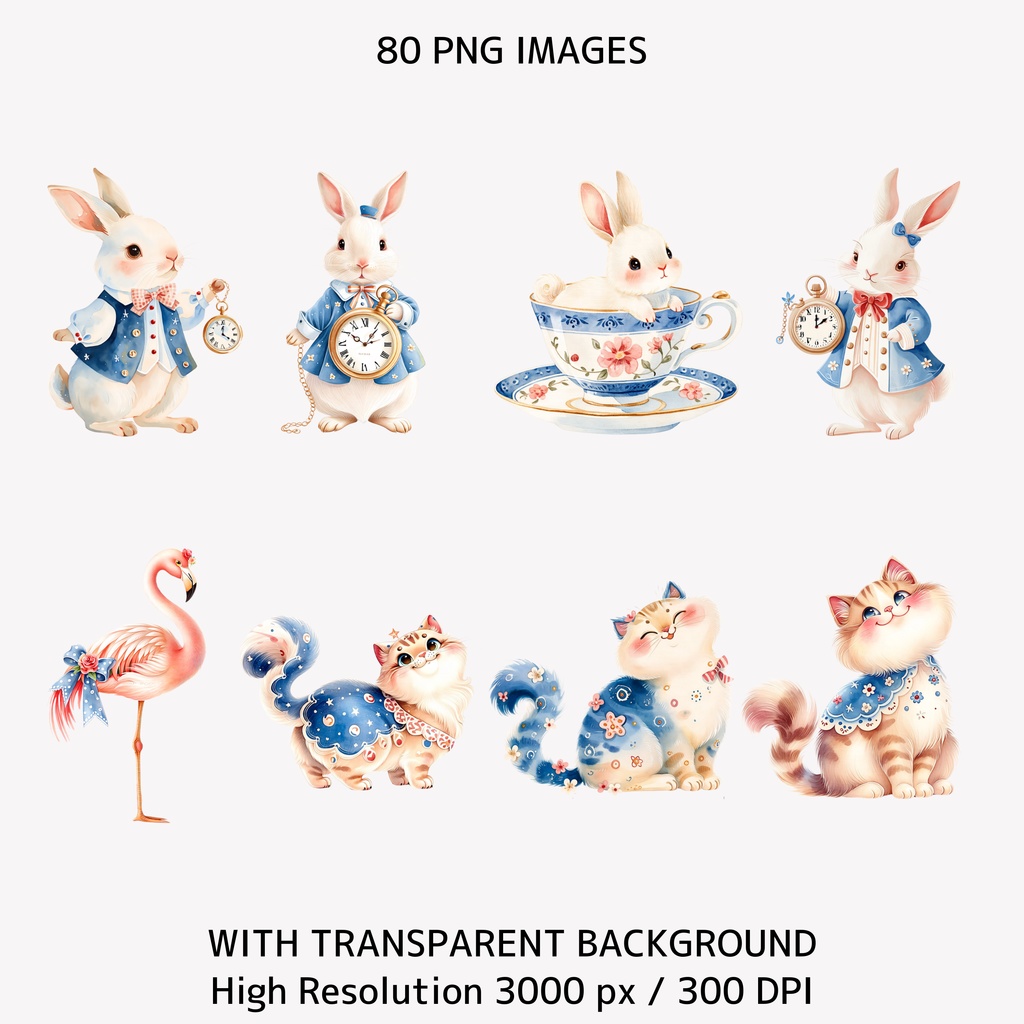 アリスと時計の水彩イラスト|不思議の国風クリップアート