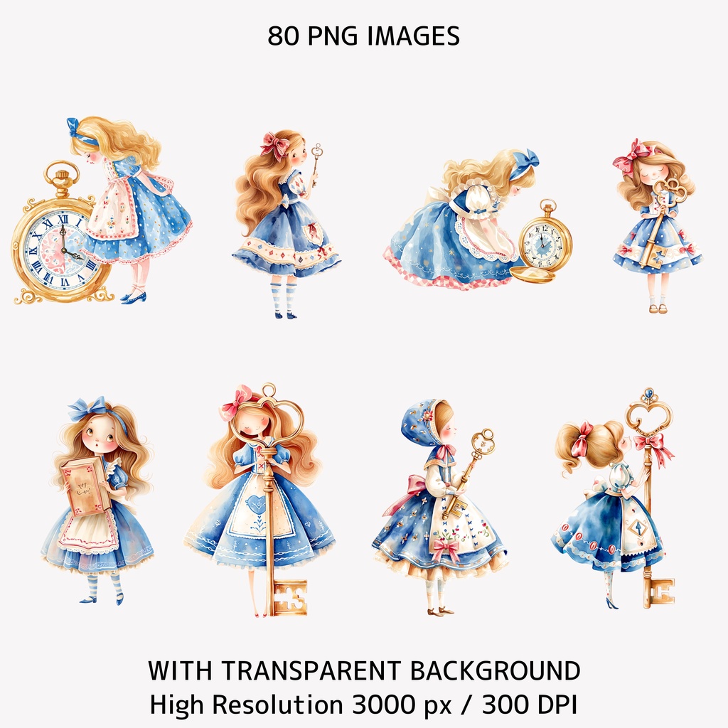 アリスと時計の水彩イラスト|不思議の国風クリップアート