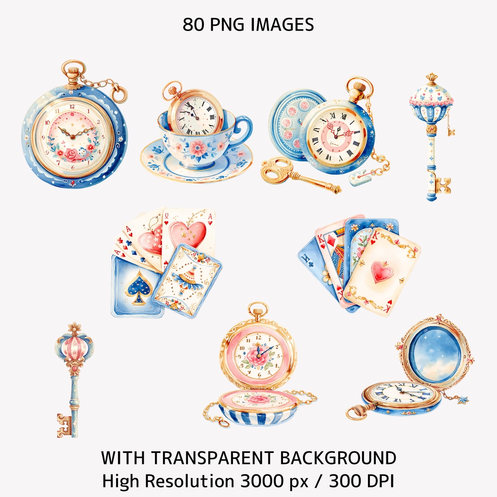 アリスと時計の水彩イラスト|不思議の国風クリップアート