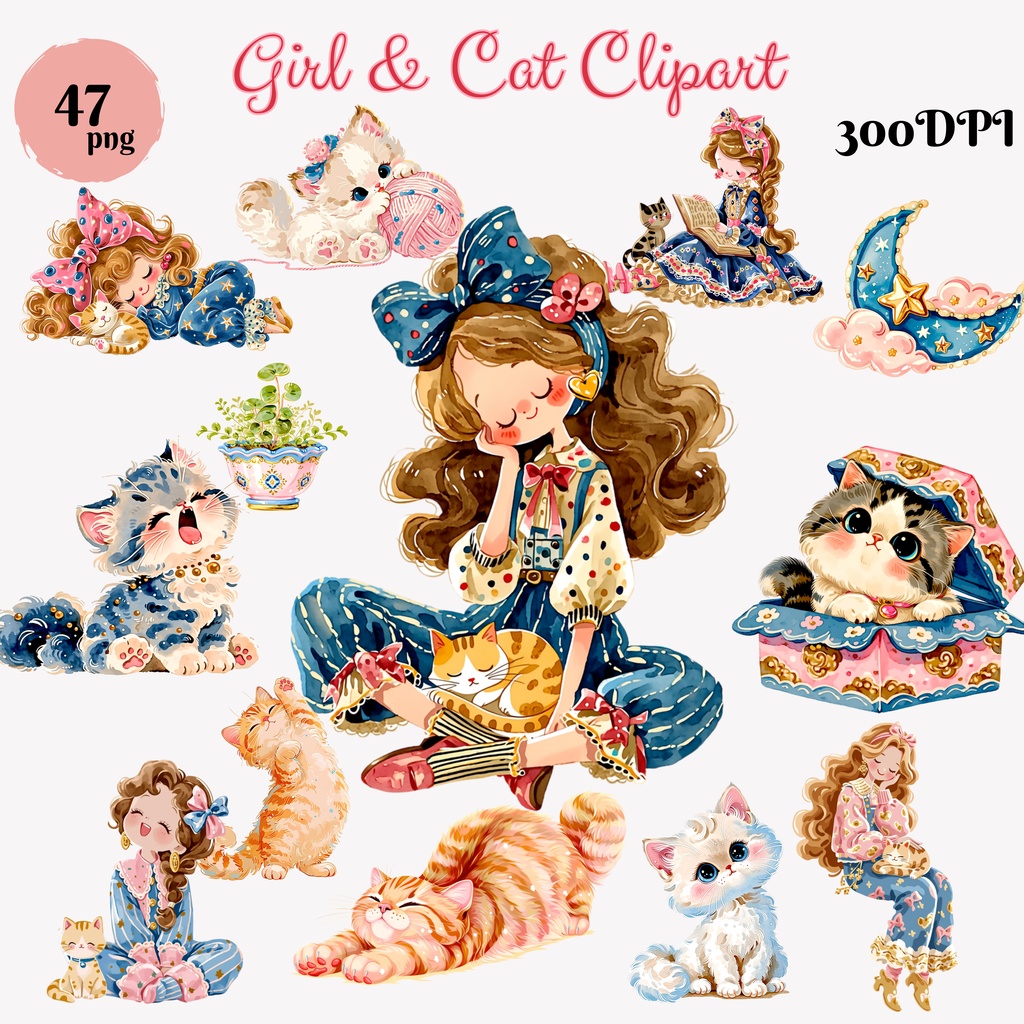 Girl & Cat クリップアートセット｜水彩ヴィンテージ風 47点PNG素材