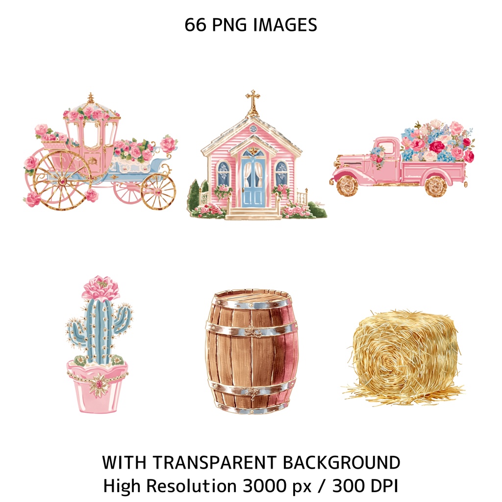 ピンクのウエスタンウェディング イラスト素材セット