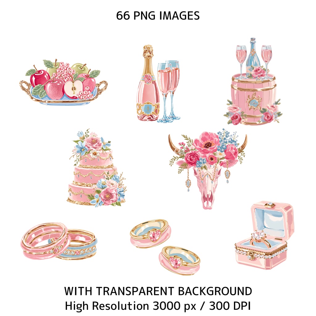 ピンクのウエスタンウェディング イラスト素材セット