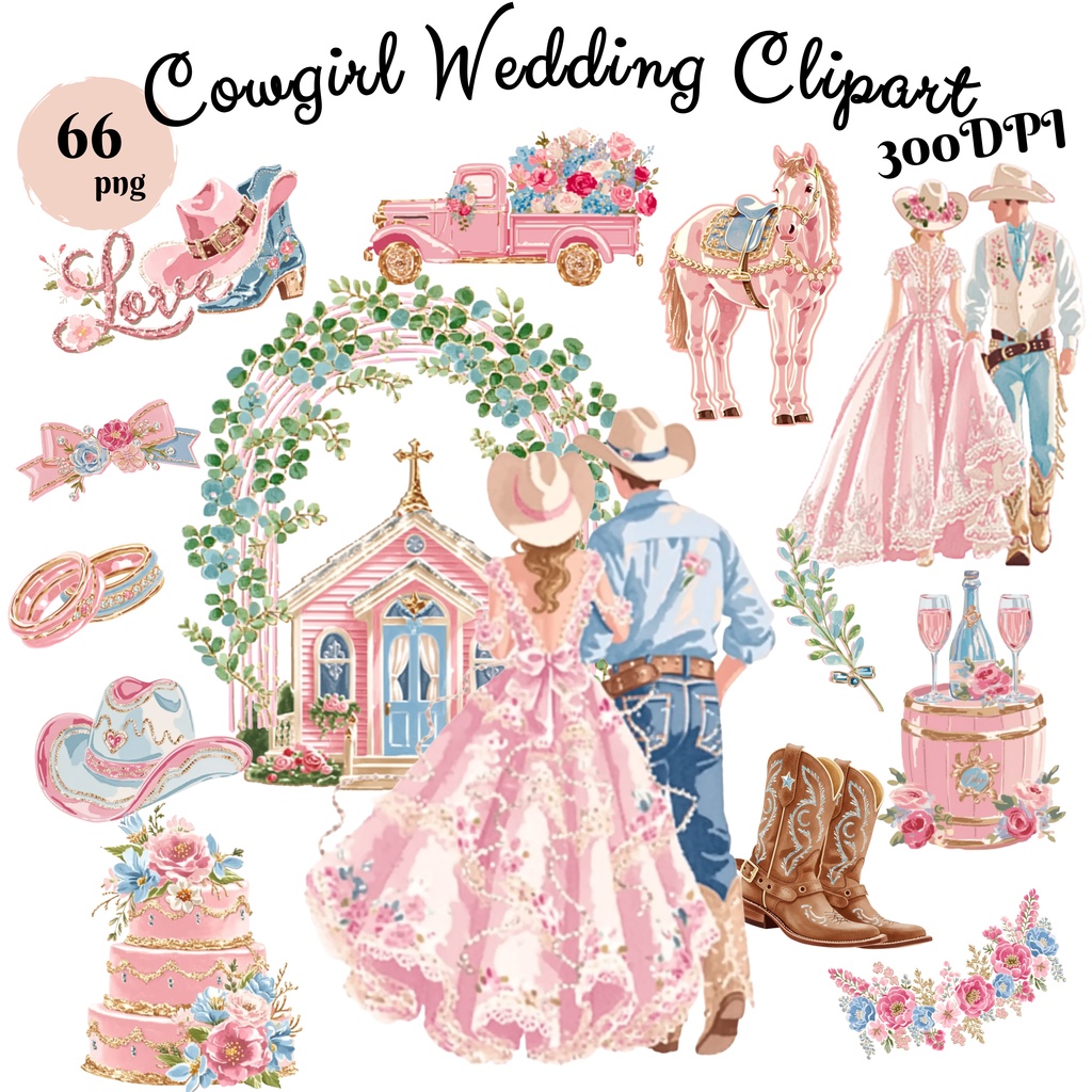 ピンクのウエスタンウェディング イラスト素材セット