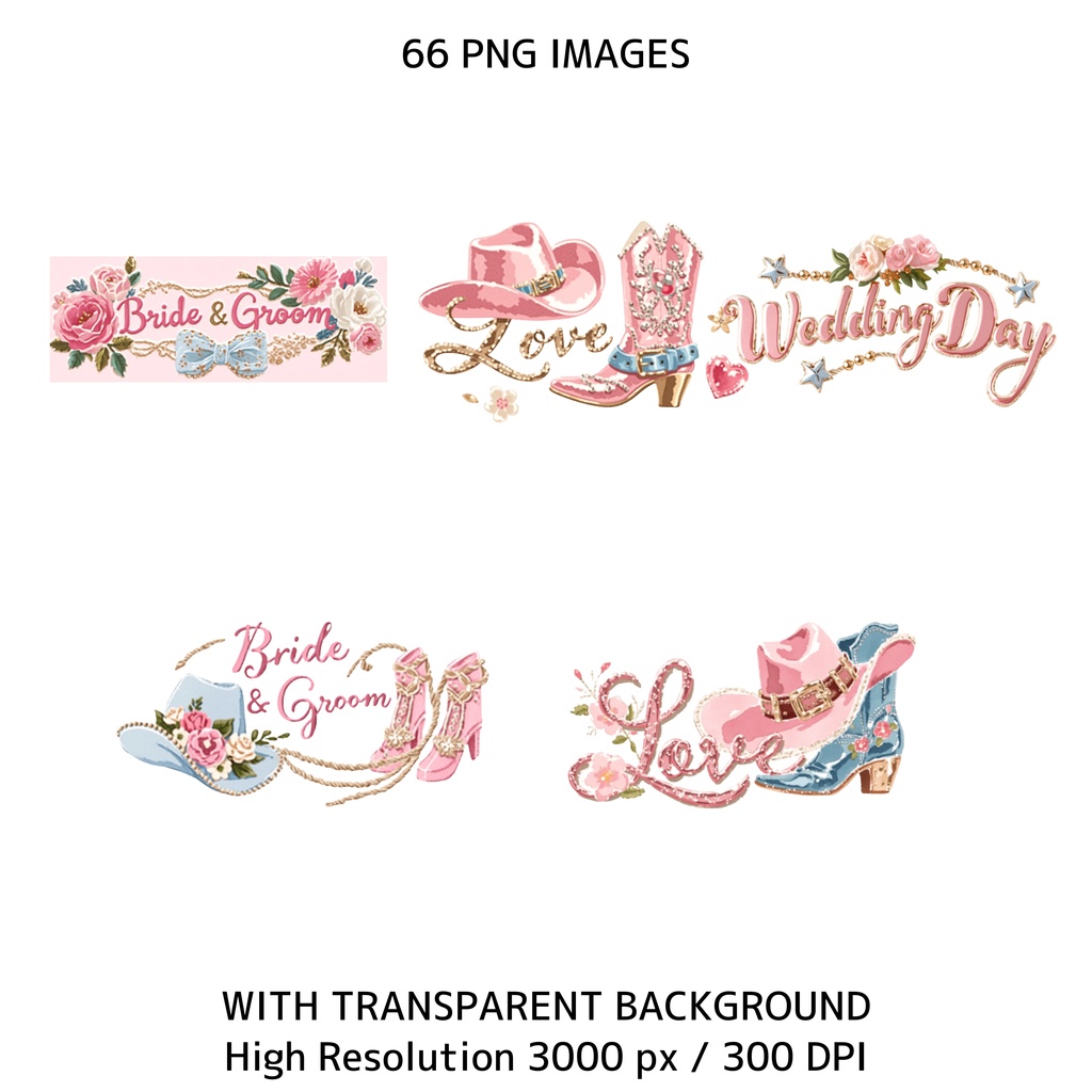 ピンクのウエスタンウェディング イラスト素材セット