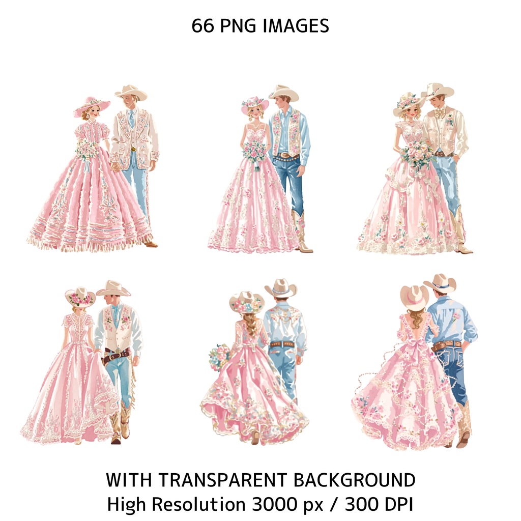 ピンクのウエスタンウェディング イラスト素材セット