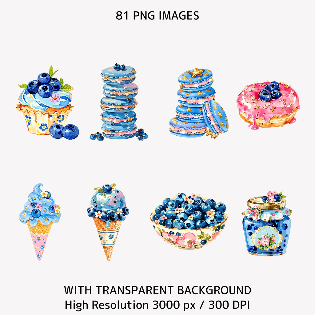 ブルーベリー1歳バースデー クリップアート81点セット【透過PNG・商用利用可】